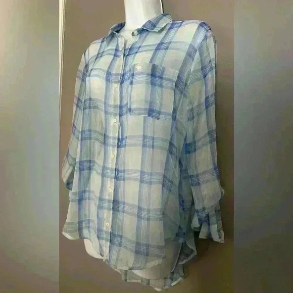 Abercrombie and Fitch Blue and White Plaid Sheer Women's Top (289) - Picture 4 of 12
